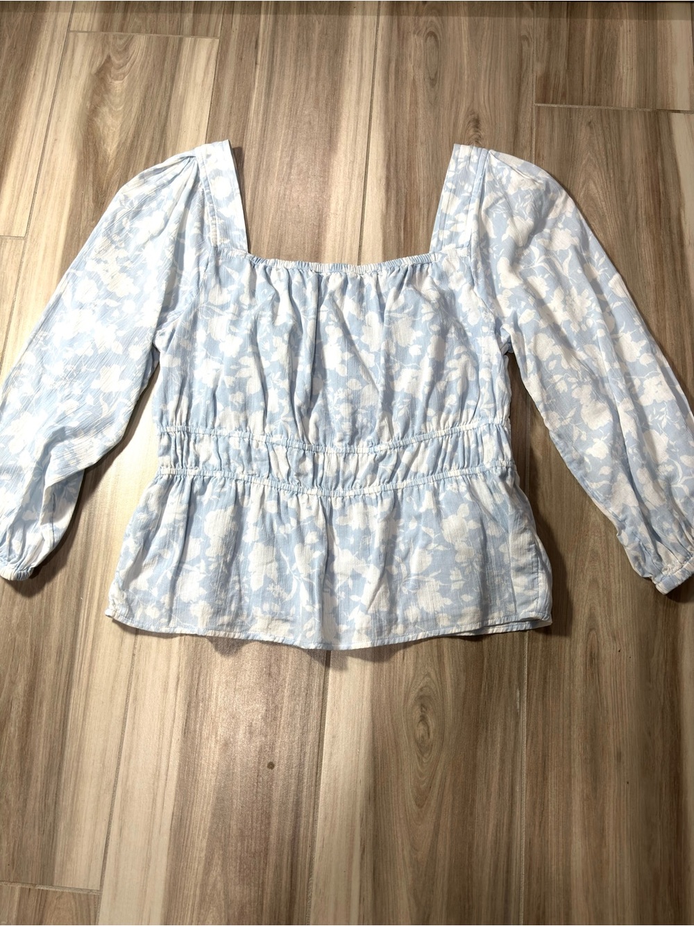 Light Blue Floral Square Neck Peplum Top with Puff Sleeves